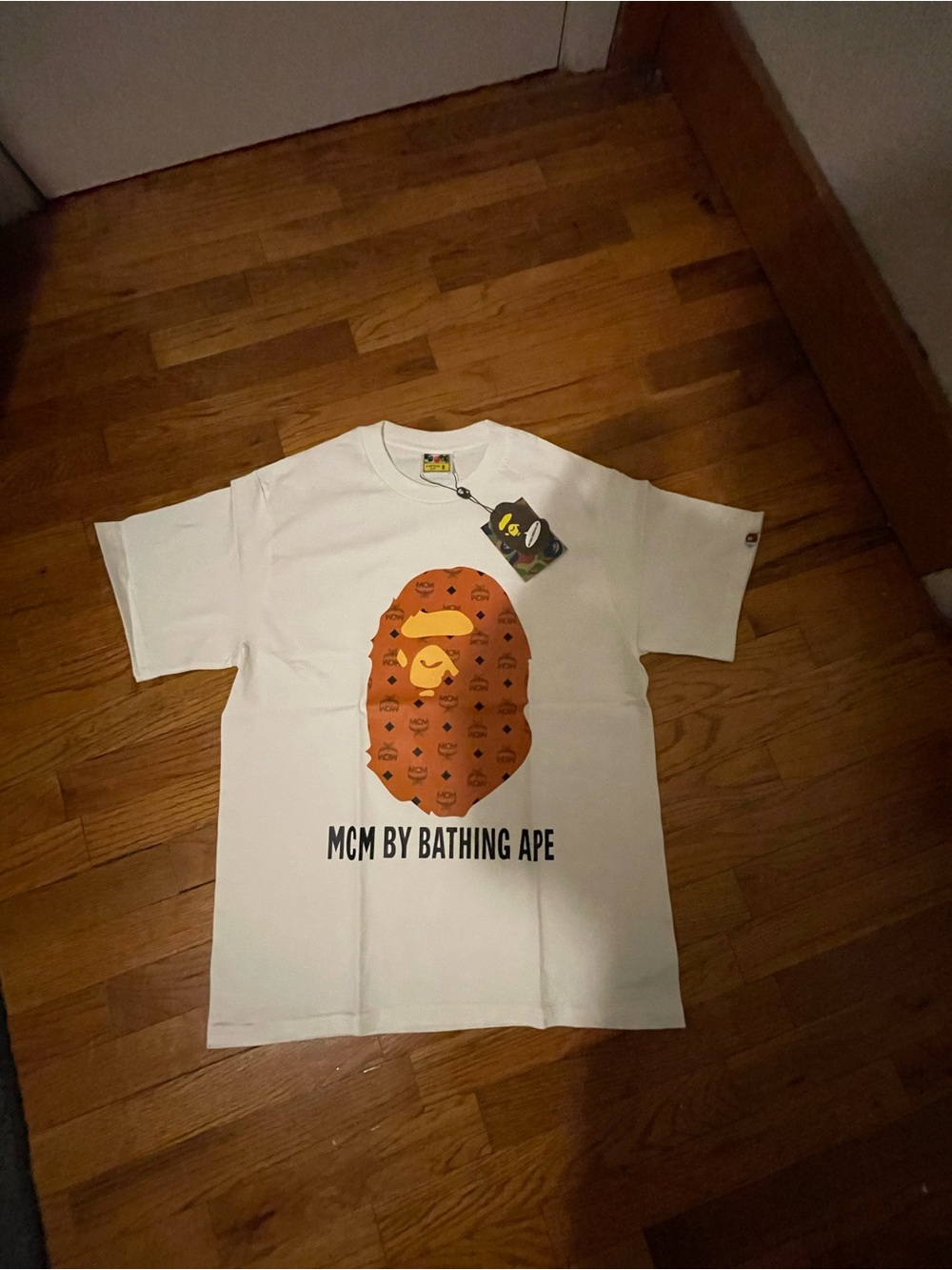 Bape White Tee with Orange Ape Head and MCM Logo